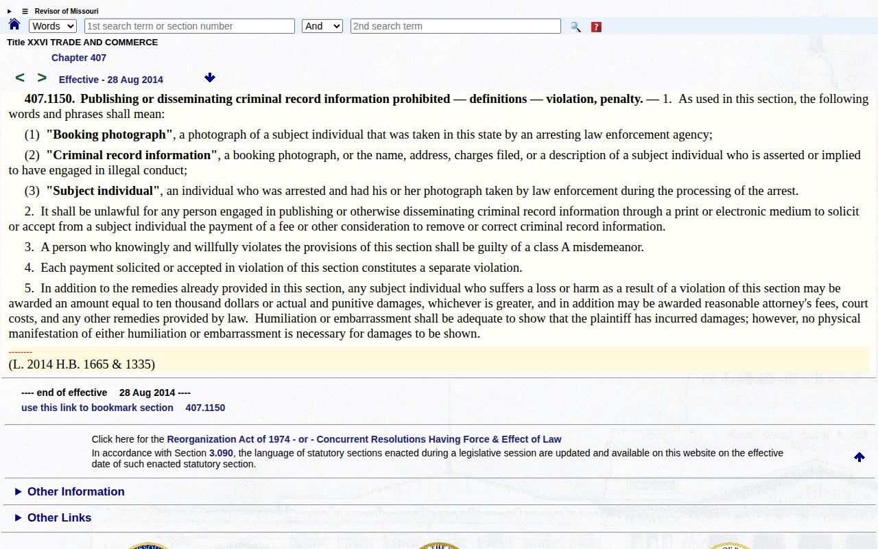 Missouri booking-photo publication law relevant to Randolph County booking records